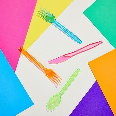 Plastic Silverware Set - 144-piece Neon Cutlery In Green, Blue, Orange, And Pink