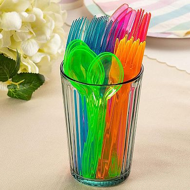 Plastic Silverware Set - 144-piece Neon Cutlery In Green, Blue, Orange, And Pink