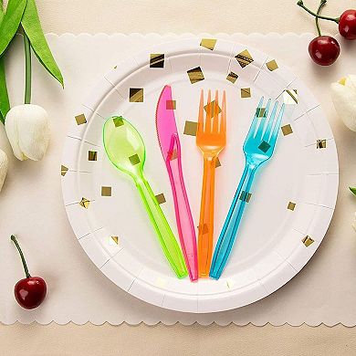 Plastic Silverware Set - 144-piece Neon Cutlery In Green, Blue, Orange, And Pink