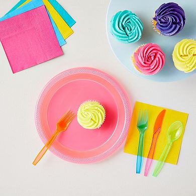 Plastic Silverware Set - 144-piece Neon Cutlery In Green, Blue, Orange, And Pink