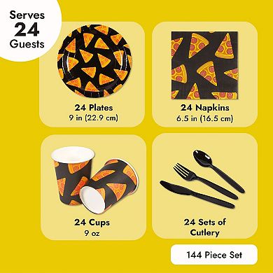 144 Piece Pizza Party Pack For 24 - Plate, Napkin, Cup, Fork, Spoon, Knives