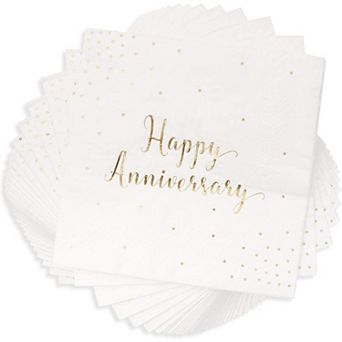 50-pack Cocktail Napkins - Happy Anniversary Printed In Gold Foil Confetti