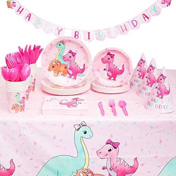 195 pc Pink Baby Girl Dinosaur Birthday Party Supplies, Dinnerware, Decorations