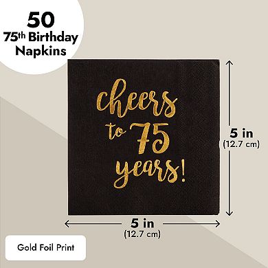 75 Birthday Party Cocktail Napkins, Cheers To 75 Years (5 X 5 In, 50 Pack)