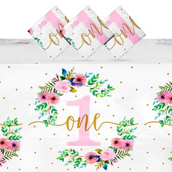 3 Pack 1st Birthday Tablecloth, Floral Party Supplies, 54x108 In