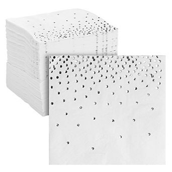 100 Pack Silver Polka Dot Cocktail Napkins, Confetti Foil Party Supplies, 5x5 In