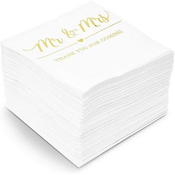 100x Mr & Mrs Gold Foil Cocktail Napkins For Weddings Party, White 5 Inch, 3 Ply