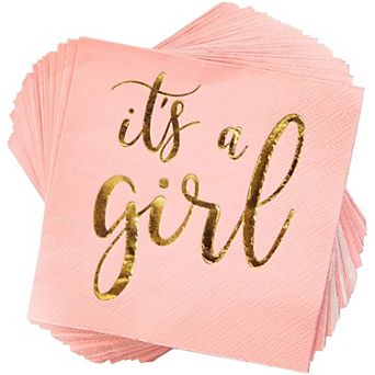 50 Pack It's A Girl Napkins For Baby Shower, Gold Foil Party Supplies, 5x5 In