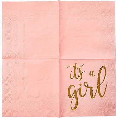 50 Pack It's A Girl Napkins For Baby Shower, Gold Foil Party Supplies, 5x5 In