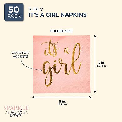 50 Pack It's A Girl Napkins For Baby Shower, Gold Foil Party Supplies, 5x5 In