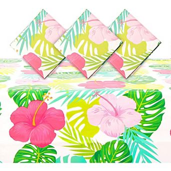 Floral Plastic Tablecloth for Hawaiian Luau Party (54 x 108 in White, 6 Pack)
