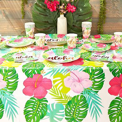 Floral Plastic Tablecloth for Hawaiian Luau Party (54 x 108 in, White, 6 Pack)