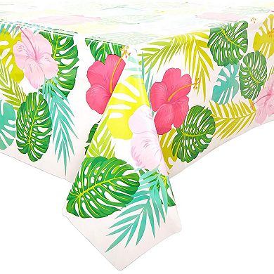 Floral Plastic Tablecloth For Hawaiian Luau Party (54 X 108 In, White, 3 Pack)
