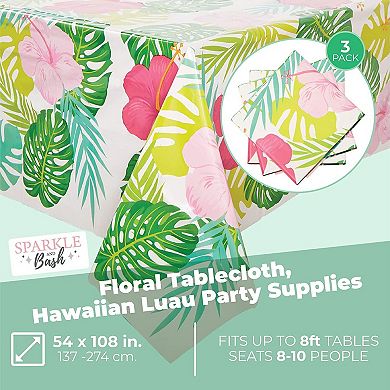 Floral Plastic Tablecloth For Hawaiian Luau Party (54 X 108 In, White, 3 Pack)