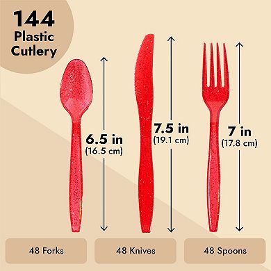 144 Piece Red Plastic Silverware Set With Spoons, Forks, And Knives, Serves 48