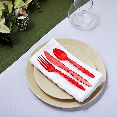144 Piece Red Plastic Silverware Set With Spoons, Forks, And Knives, Serves 48