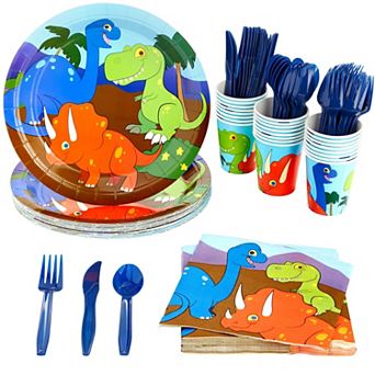 144 pc Dinosaur Birthday Party Supplies With Cutlery, And Napkins, Serves 24