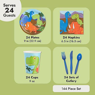 144 Pieces Dinosaur Birthday Party Supplies With Cutlery, And Napkins, Serves 24