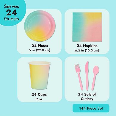 144 Piece Pastel Paper Plates And Napkins, Rainbow Dinnerware Set (serves 24)