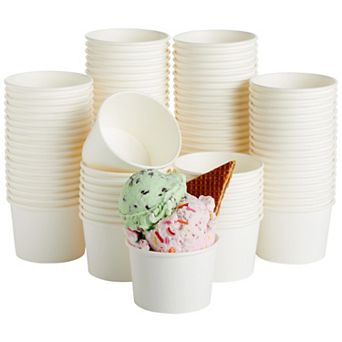 100 Pack Ice Cream Paper Cups, Disposable Sundae Dessert Yogurt Bowls, 8oz White