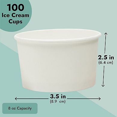 100 Pack Ice Cream Paper Cups, Disposable Sundae Dessert Yogurt Bowls, 8oz White