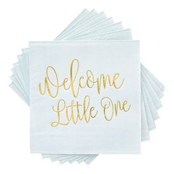 50 Pack Light Blue Baby Shower Cocktail Napkins, Gold Foil Script Design, 5x5"