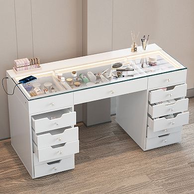 Vanitii 13-drawers Vanity Desk 3 Color Adujustable Dresser With Charging