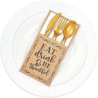 36x Eat Drink & Be Thankful Paper Utensil Holder Pocket For Thanksgiving Party