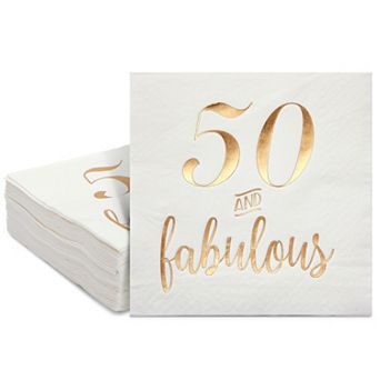 50 Pack White 50th Birthday Napkins, Gold Foil 50 And Fabulous Party, 5x5 In