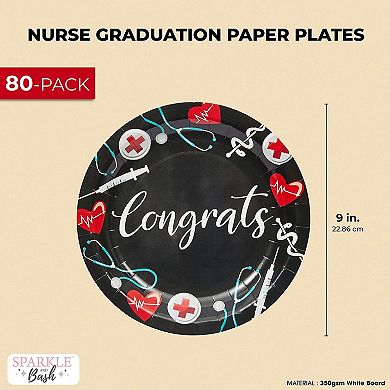 80 Pack Nurse Paper Plates For Nursing Graduation Party Supplies, 9 In