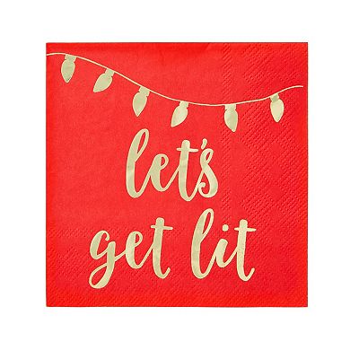 50 Pk Paper Christmas Cocktail Napkins,holiday Party Supplies,lets Get Lit, 5x5"