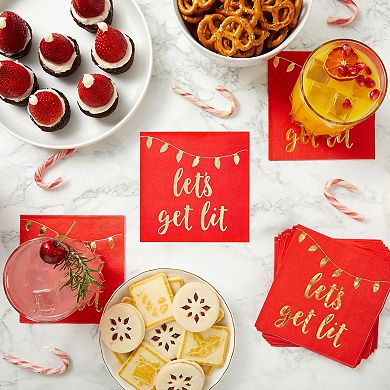 50 Pk Paper Christmas Cocktail Napkins,holiday Party Supplies,lets Get Lit, 5x5"