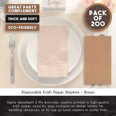 200 Brown Napkins Kraft Brown Natural Disposable Rustic Dinner, Folded 7.8"x4.4"
