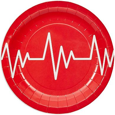 80 Pack Heartbeat Design Red Paper Plates For Nurses, Medical Professionals, 7"