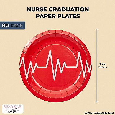80 Pack Heartbeat Design Red Paper Plates For Nurses, Medical Professionals, 7"