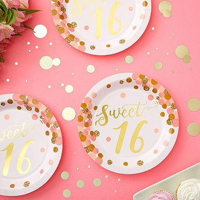 48-pack Rose Gold And Pink Sweet 16 Birthday Plates For 16th Birthday Party, 9in