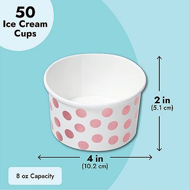 50 Pack Ice Cream Paper Cups, Disposable Sundae Dessert Yogurt Bowls, 8oz, Dots