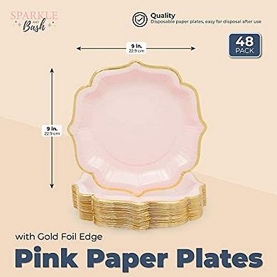 48-pack Pink Scalloped Paper Party Plates With Gold Foil Edges, 9 In