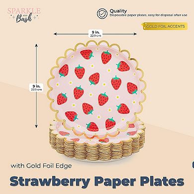 48-pack Pink Paper Plates With Gold Foil For Strawberry Birthday Party, 9 In