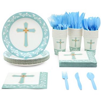 144 pc Baby Boy Baptism Decorations, Plates, Napkins, Cutlery, Serves 24