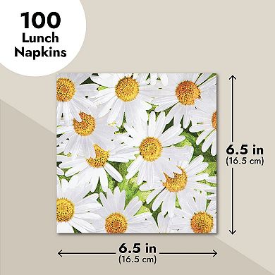 100 Pack Decorative Daisy Floral Themed Paper Napkins For Baby Shower, 6.5"