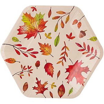 50-count Disposable Paper Plates, Autumn Leaves Hexagon Design, 9 X 8 in