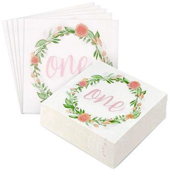 150 Pack Paper Napkins In Floral Design For 1st Birthday Party (6.5 X 6.5 In)