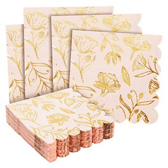50 Pack Pink Floral Party Scalloped Cocktail Paper Napkins, 3-ply, 5 X 5 in