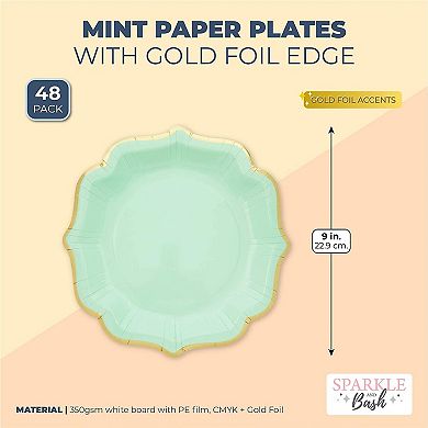 Mint Green Paper Plates With Scalloped Edge For Birthday Party (9 In, 48 Pack)