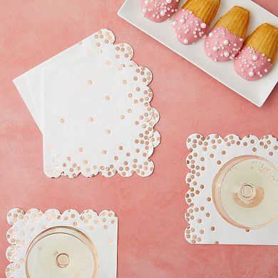 50 Pack Scalloped White & Rose Gold Napkins for Birthday, 6.3 in