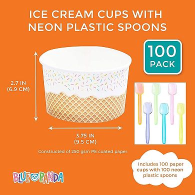 100 Pk Ice Cream Cups With Spoons, Disposable Dessert Bowls For Sundae Bar, 8 Oz