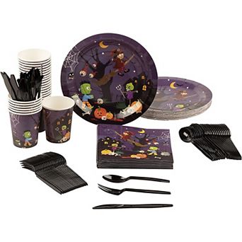 144 pc Halloween Dinnerware Set Spooky Night Disposable Plastic Party Supplies