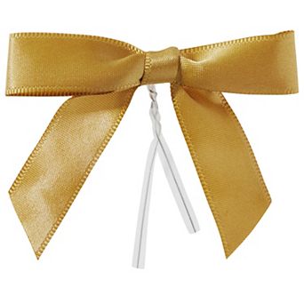 100-pack Twist Tie Bows, Metallic Gold Pre-tied Satin Ribbon, 2.5x3 In