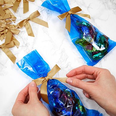 100-pack Twist Tie Bows, Metallic Gold Pre-tied Satin Ribbon, 2.5x3 In